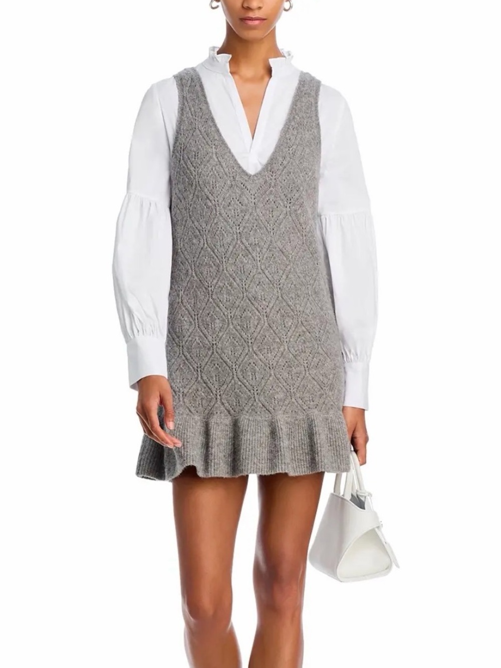 Cinq à Sept White Ruffle Neck Puff Sleeve Blouse – Size L